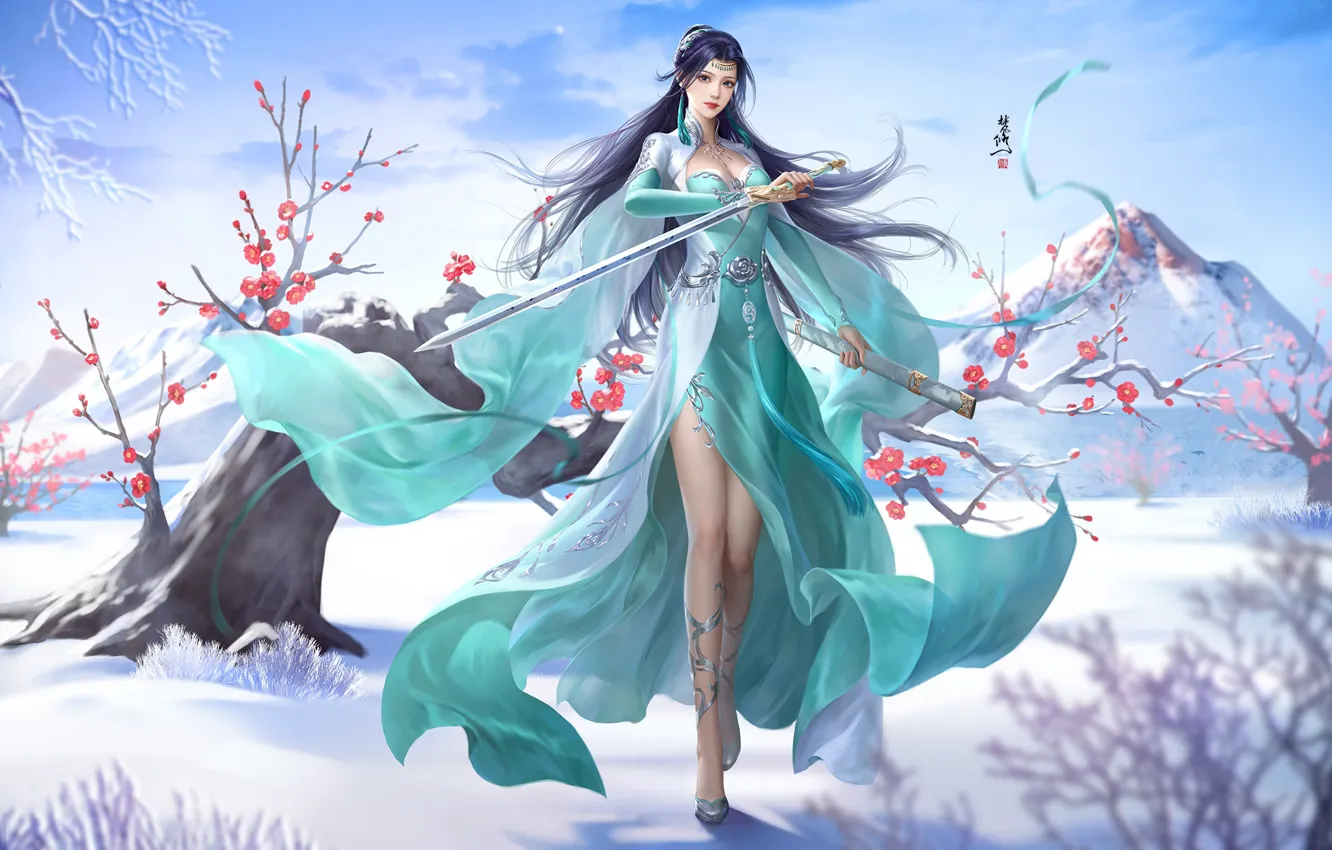 Фото обои зима, девушка, снег, цветы, горы, дерево, меч, fan xiu