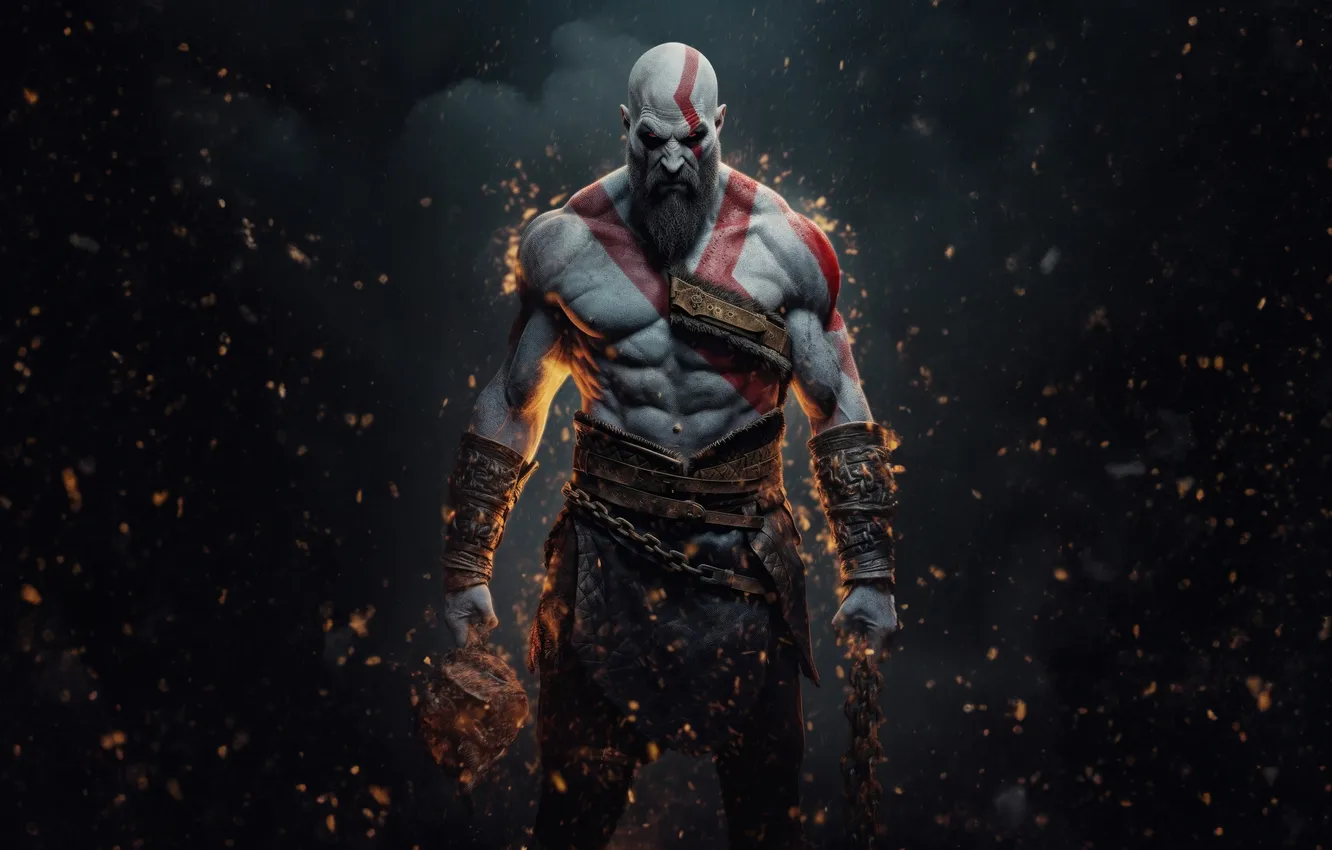 Фото обои axe, god of war, weapon, kratos, sony, snow, blow, man