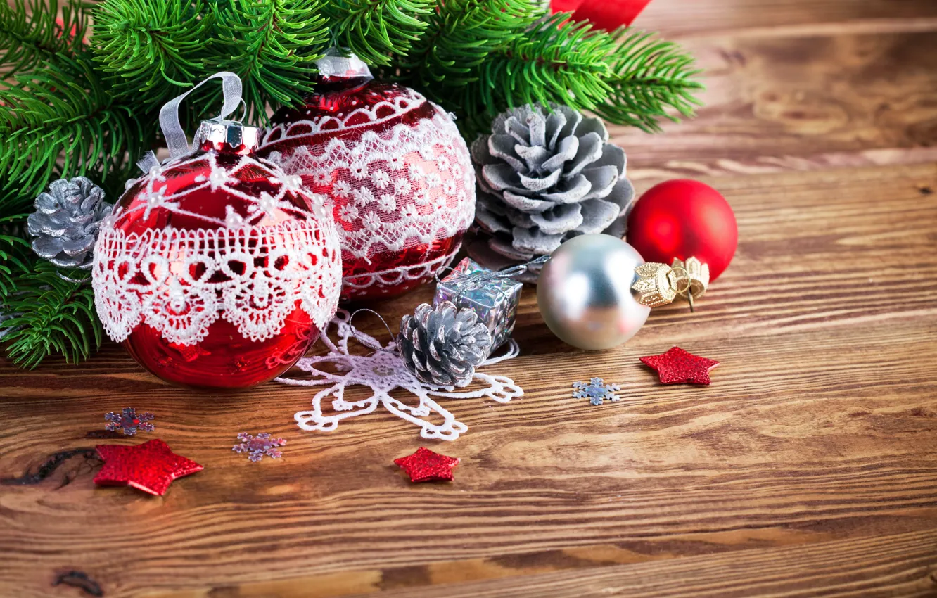 Фото обои украшения, ветки, шары, елка, Новый Год, Рождество, Christmas, шишки