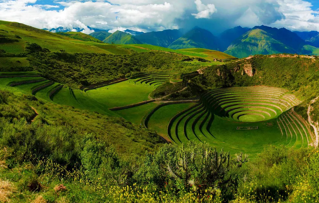 Фото обои горы, развалины, Перу, Мараш, Moray Inca