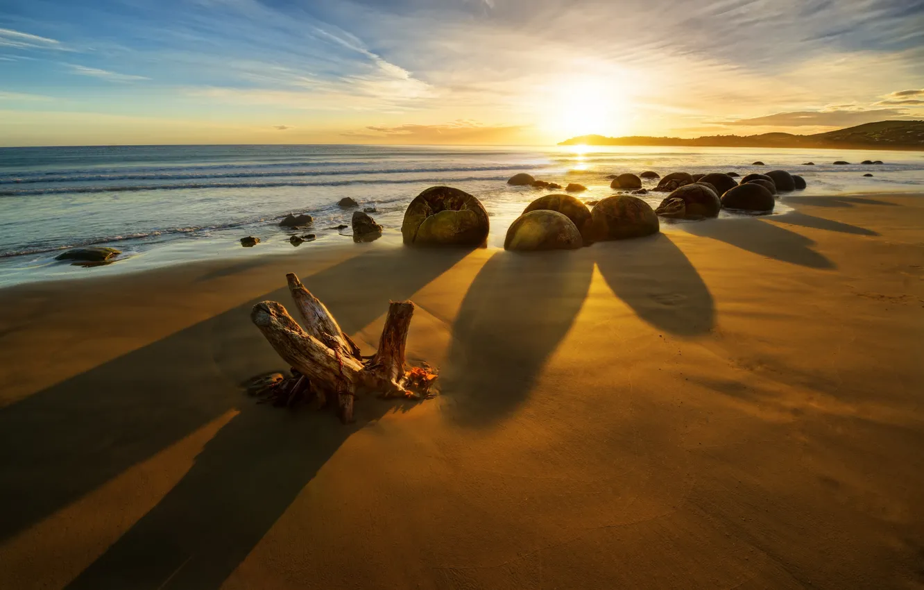 Фото обои восход, камни, океан, побережье, Новая Зеландия, New Zealand