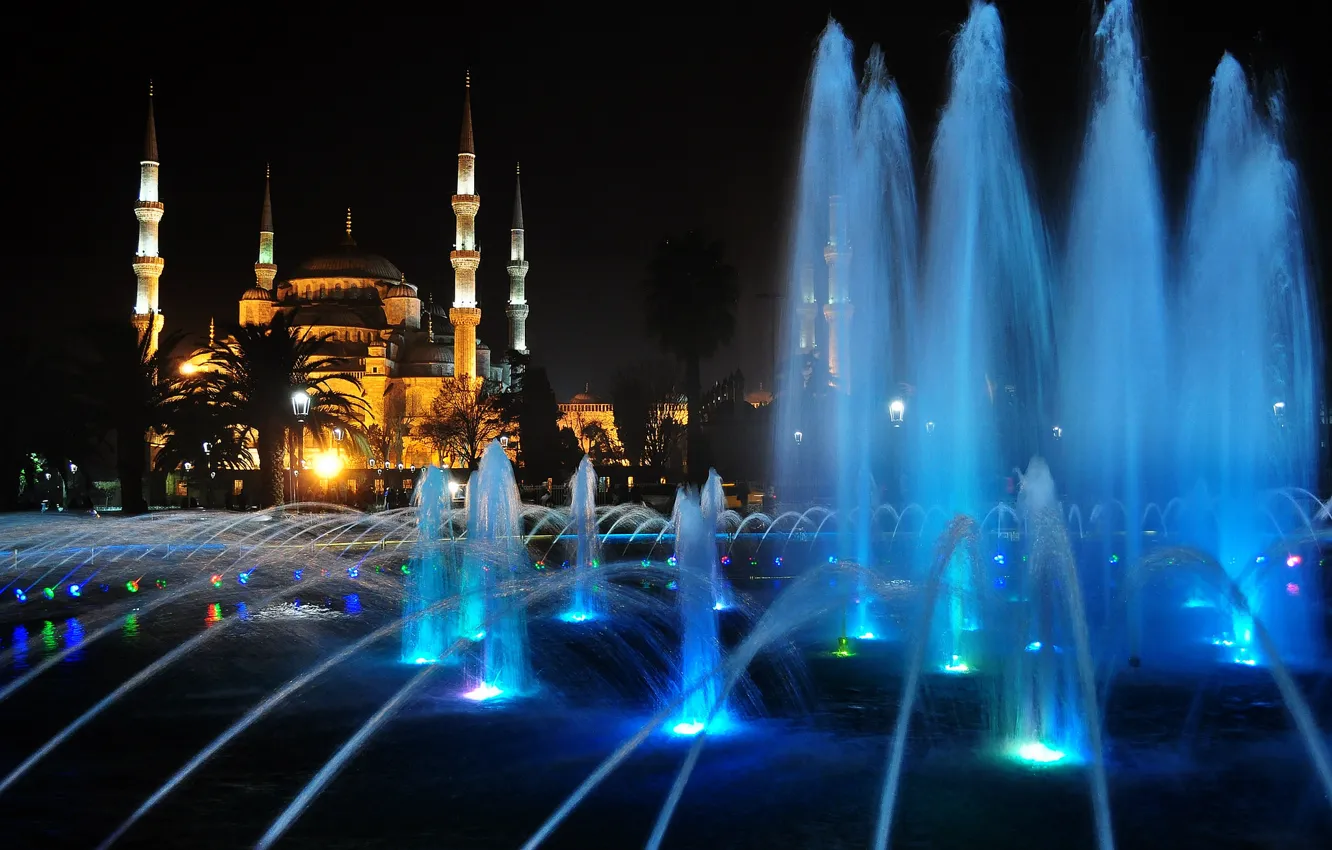 Фото обои ночь, огни, фонтан, мечеть, Стамбул, Турция, минарет, София