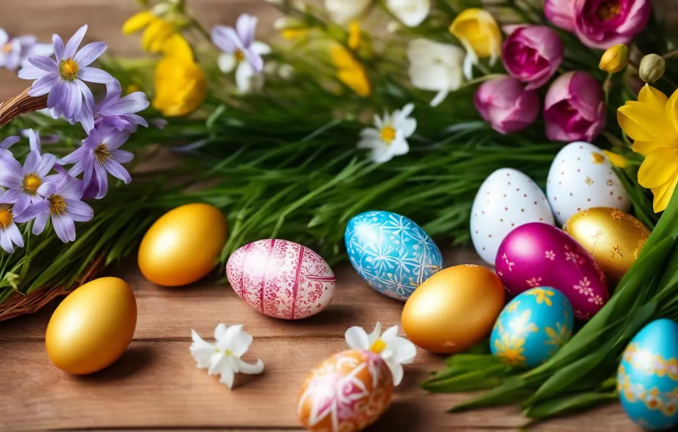 Фото обои цветы, яйца, весна, colorful, Пасха, happy, flowers, spring