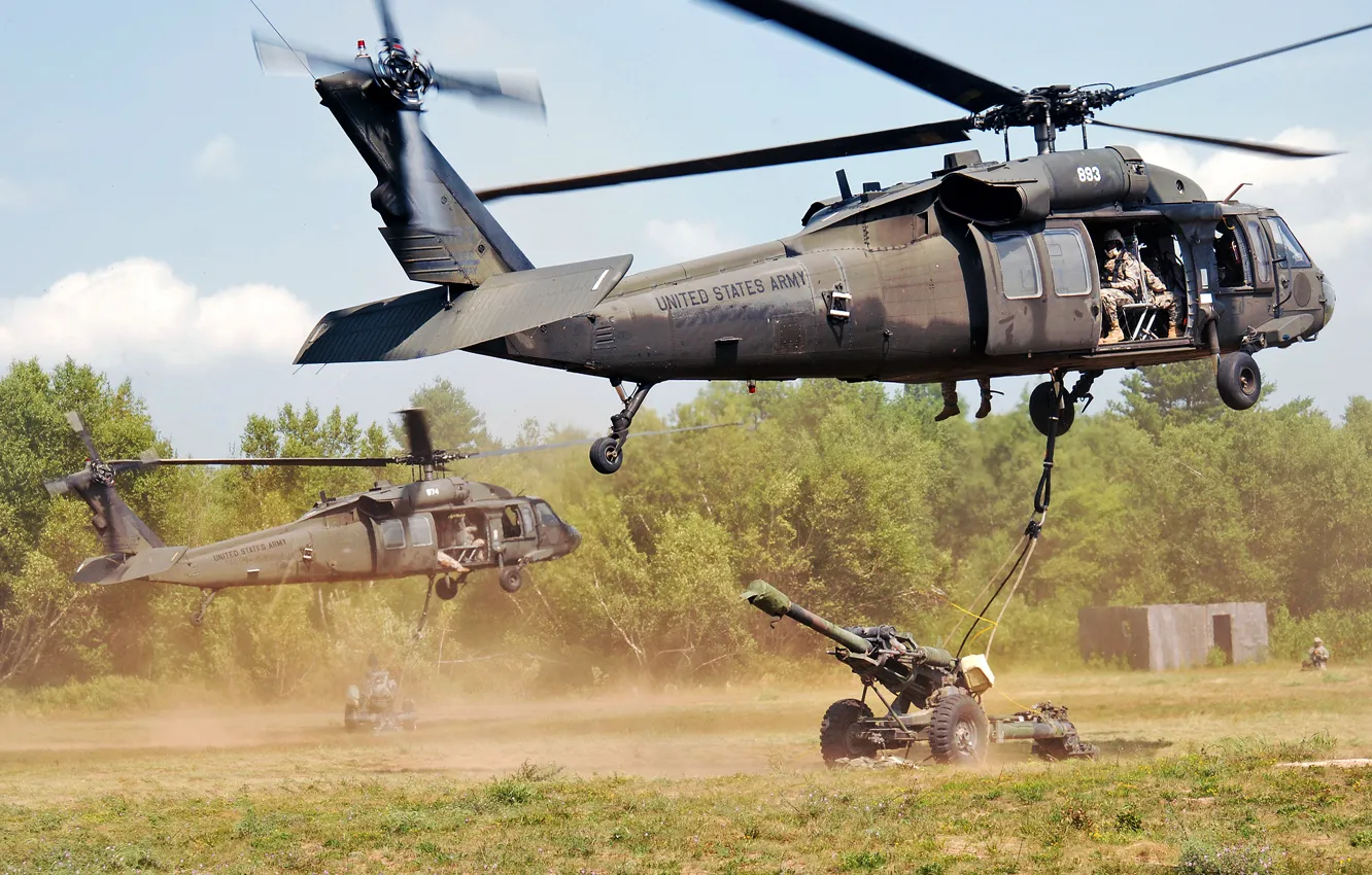 Фото обои Нью-Йорк, группа, учения, UH-60 Black Hawk, вертолёты, гаубица, десантно-штурмовая, Форт Драм