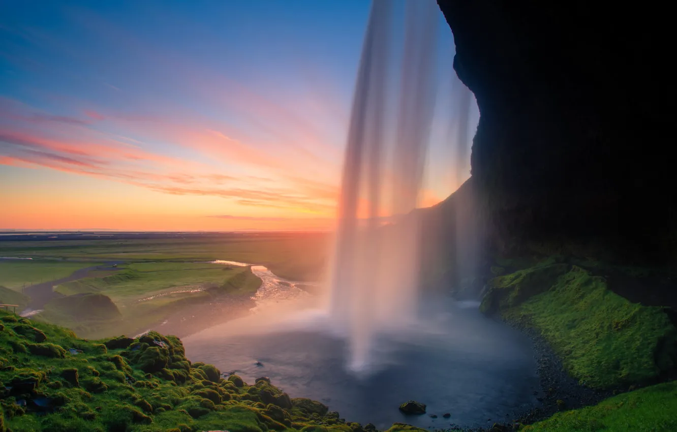 Фото обои вода, природа, скала, рассвет, водопад