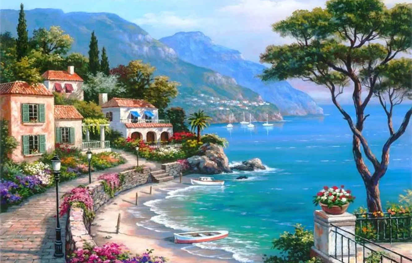 Фото обои море, горы, город, картина, яхты, живопись, painting, Sung Kim