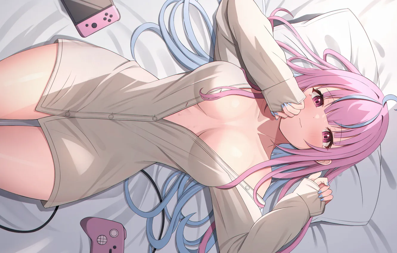 Фото обои girl, sexy, cleavage, pink hair, long hair, boobs, anime, beautiful