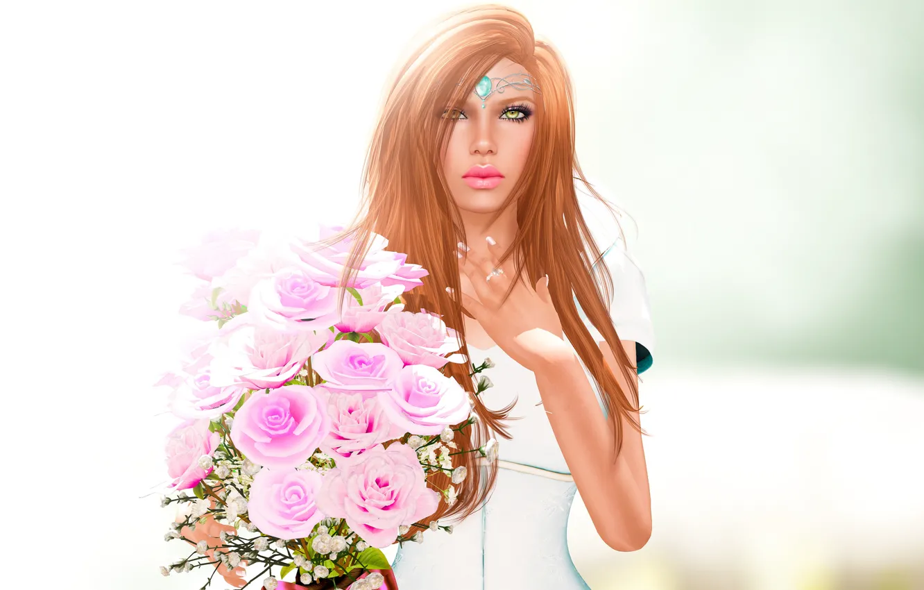 Фото обои взгляд, девушка, цветы, лицо, рендеринг, волосы