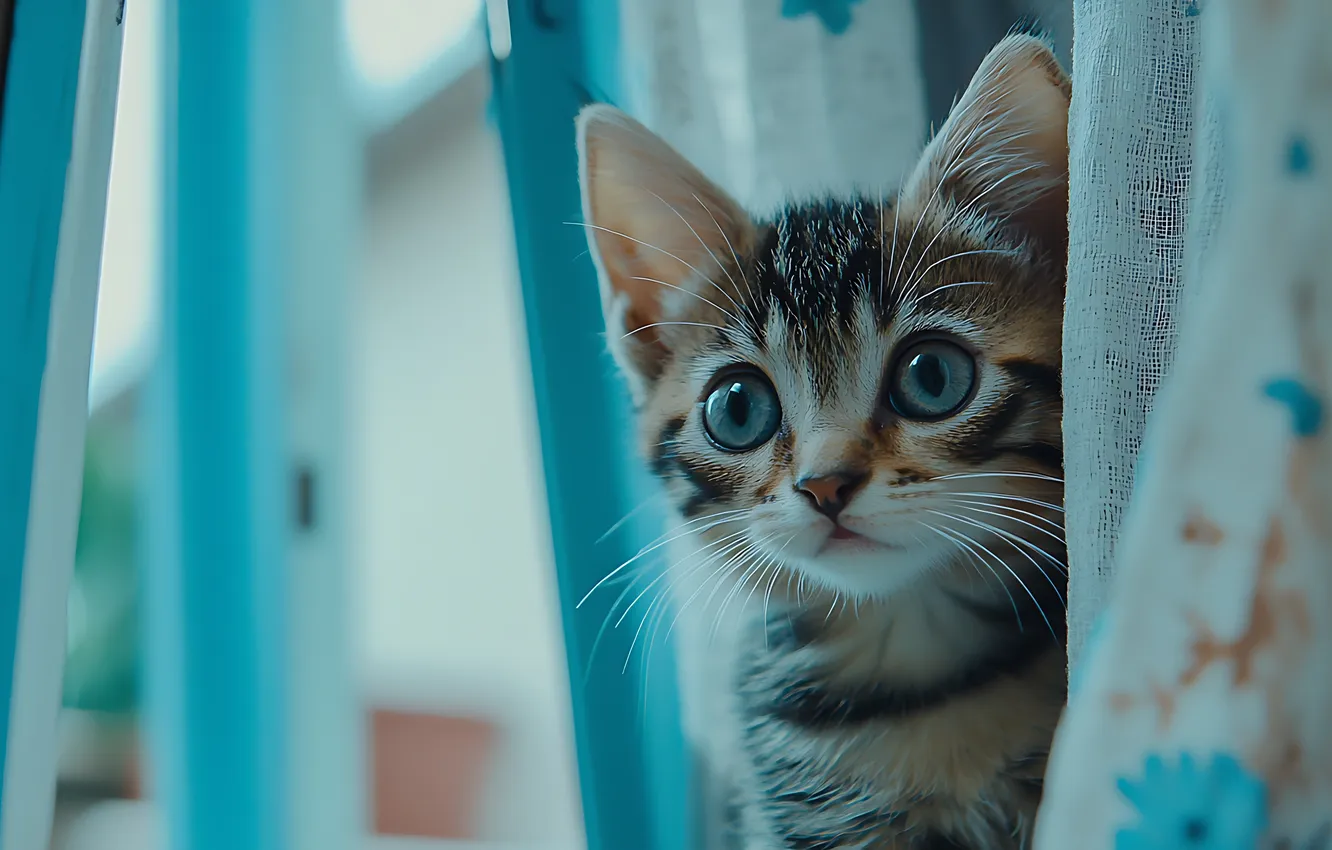 Фото обои кошка, взгляд, поза, котенок, серый, окно, шторы, голубые глаза