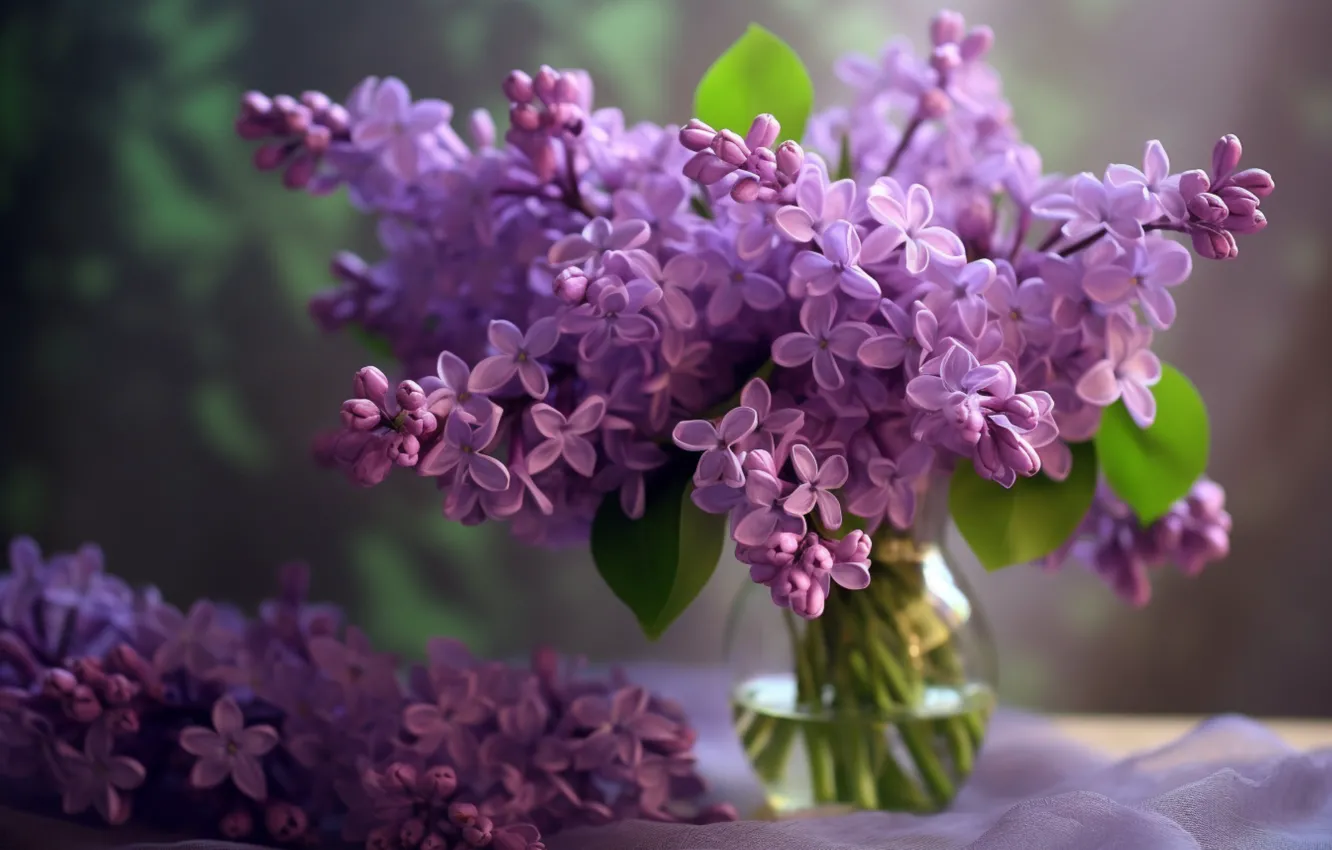 Фото обои цветы, букет, весна, ваза, сирень, ИИ-арт, нейросеть
