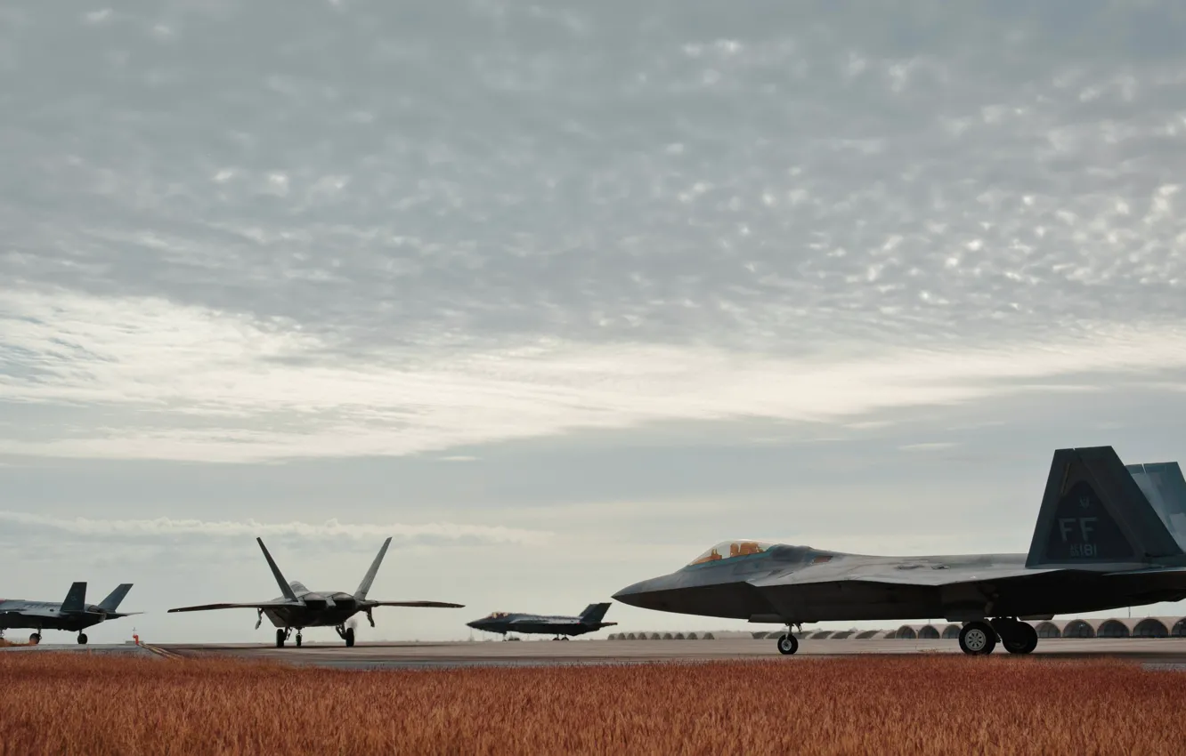 Фото обои Истребитель, USAF, F-22 Raptor, F-35 Lightning II