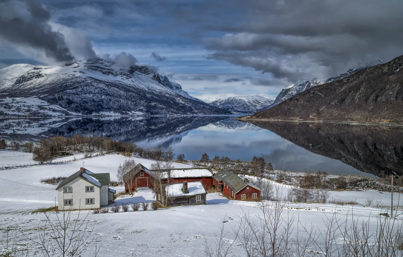 Фото обои зима, горы, озеро, дома, Норвегия, Norway, горы Филефьелль, Вальдрес