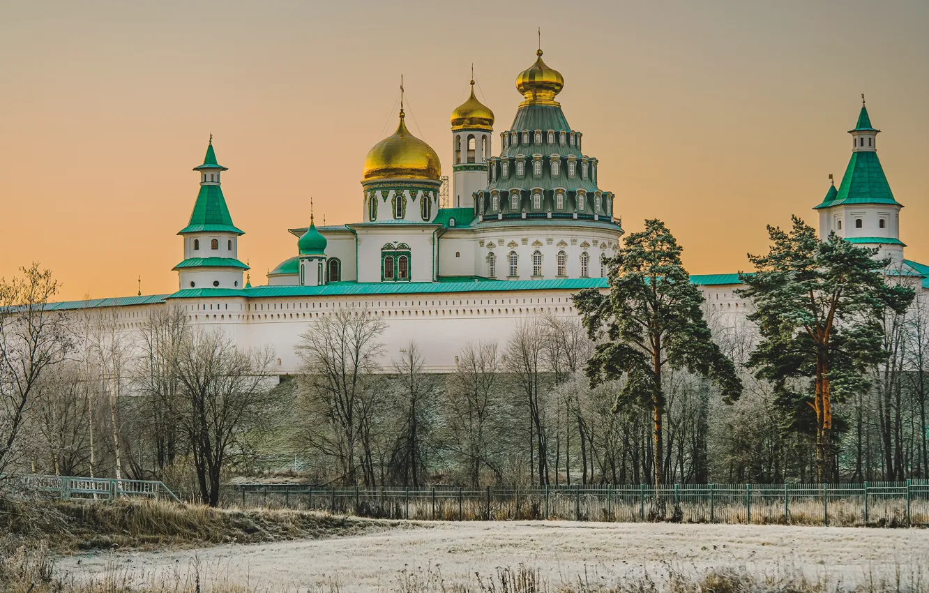Фото обои деревья, собор, храм, Россия, Московская область, Истра, Воскресенский Ново-Иерусалимский монастырь, крепостная стена