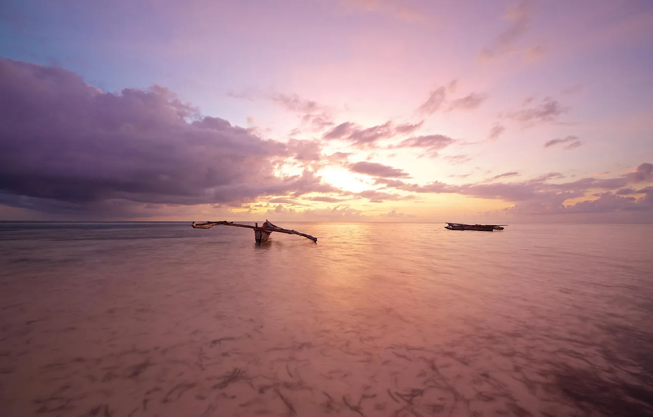 Фото обои океан, рассвет, берег, лодка, Тайланд