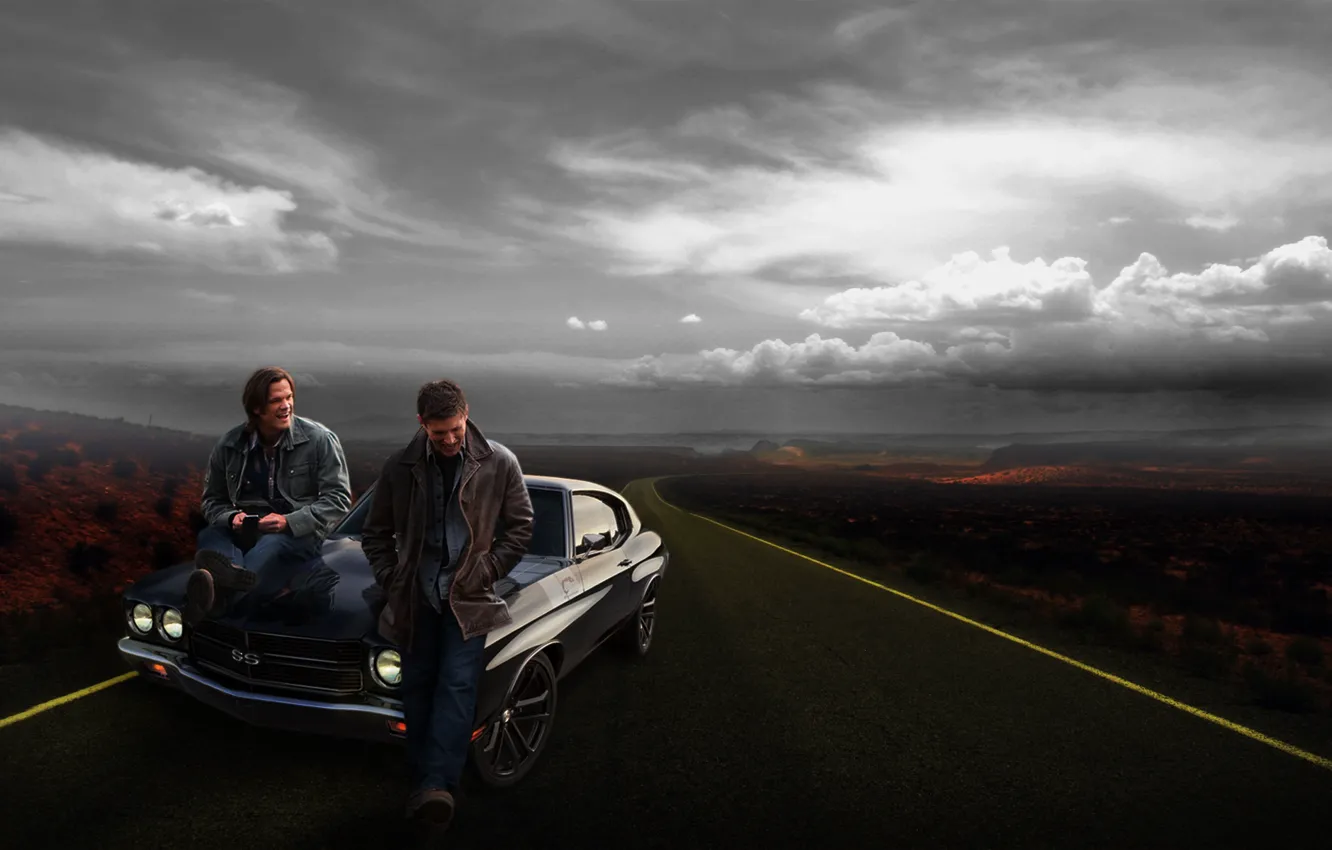 Фото обои car, chevrolet, road, supernatural, winchester brothers