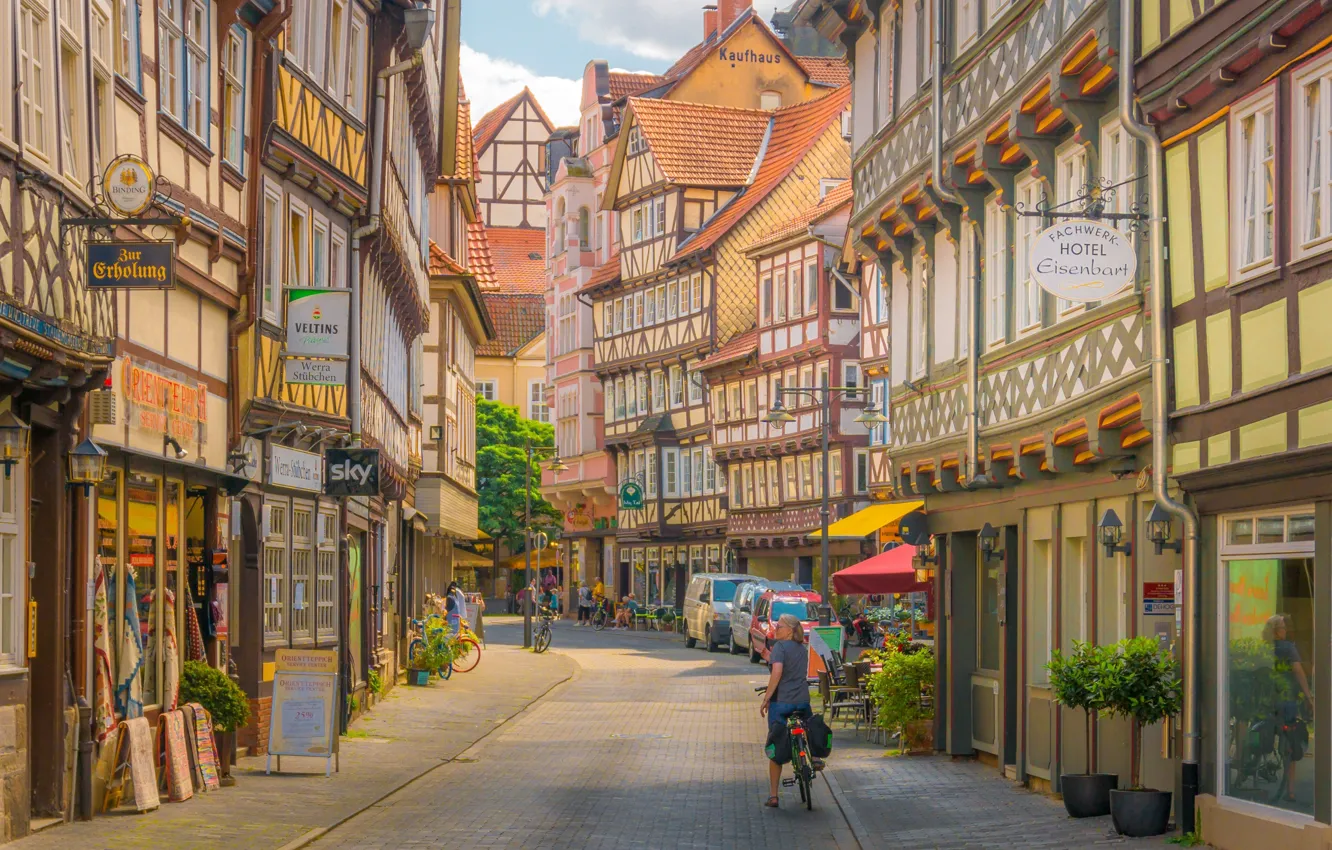 Фото обои улица, здания, дома, Германия, Germany, Нижняя Саксония, Lower Saxony, Ганноверш-Мюнден