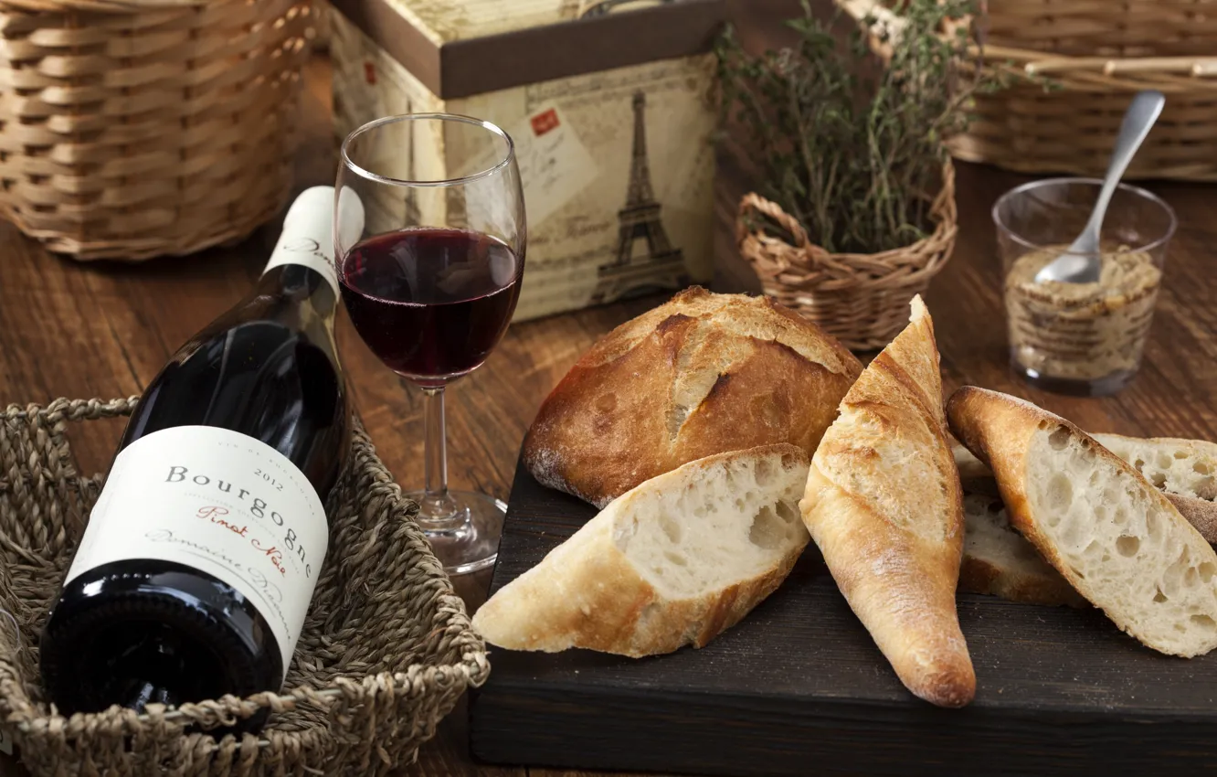Фото обои вино, бокал, хлеб, багет