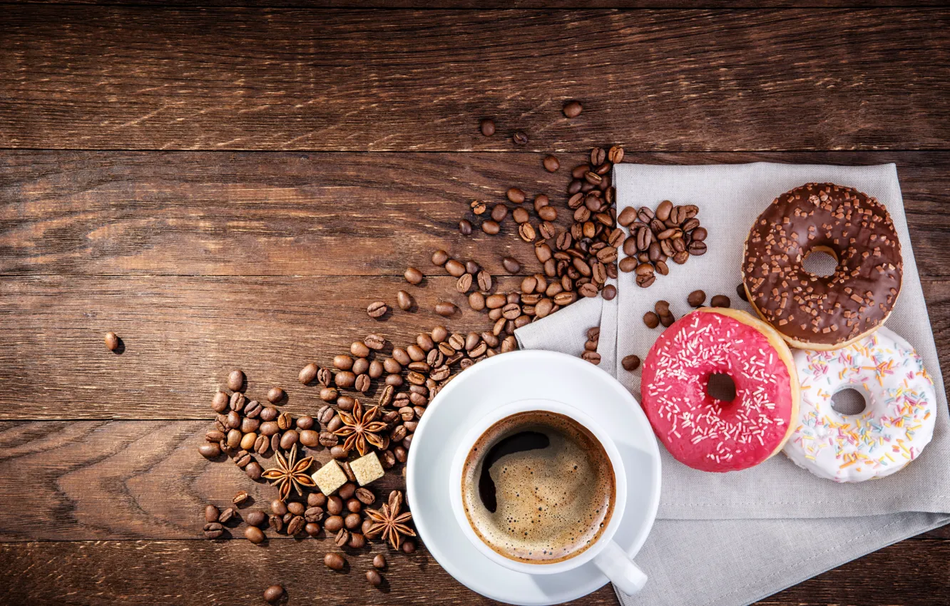 Фото обои кофе, пончики, кофейные зерна, глазурь, анис