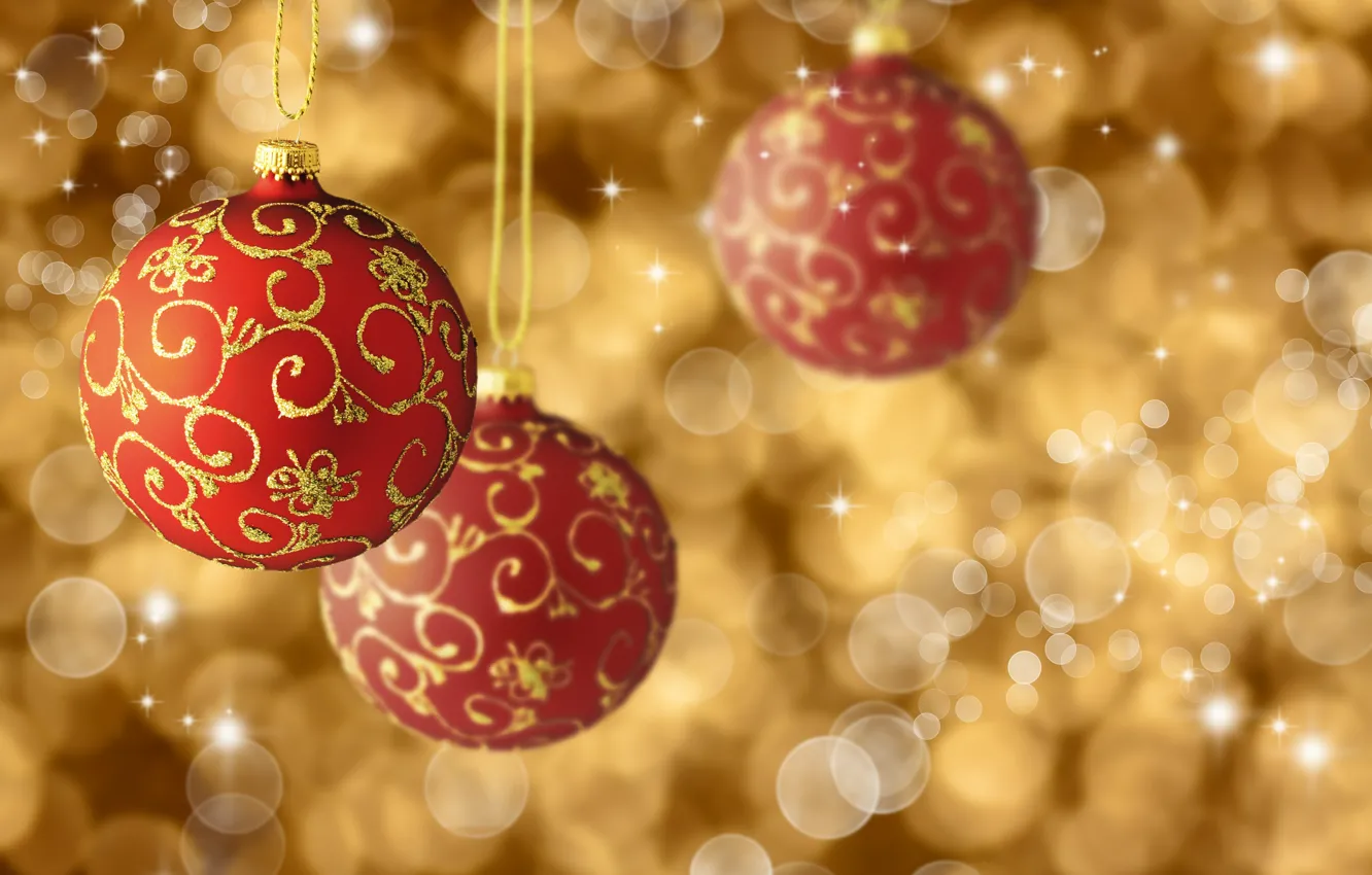 Фото обои шары, узоры, Новый Год, Рождество, красные, Christmas, золотые, праздники