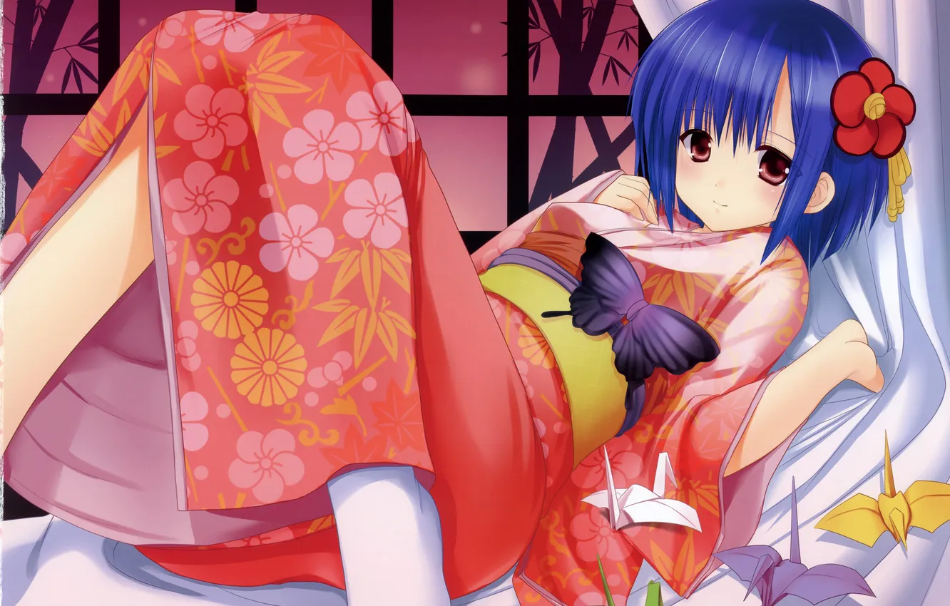 Фото обои девушка, бумага, бабочка, арт, кимоно, оригами, лежа, azuma yuki