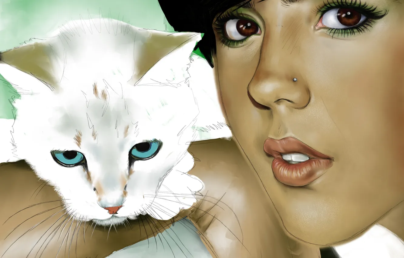 Фото обои кошка, взгляд, девушка, животное, пирсинг, арт, губы, карие глаза
