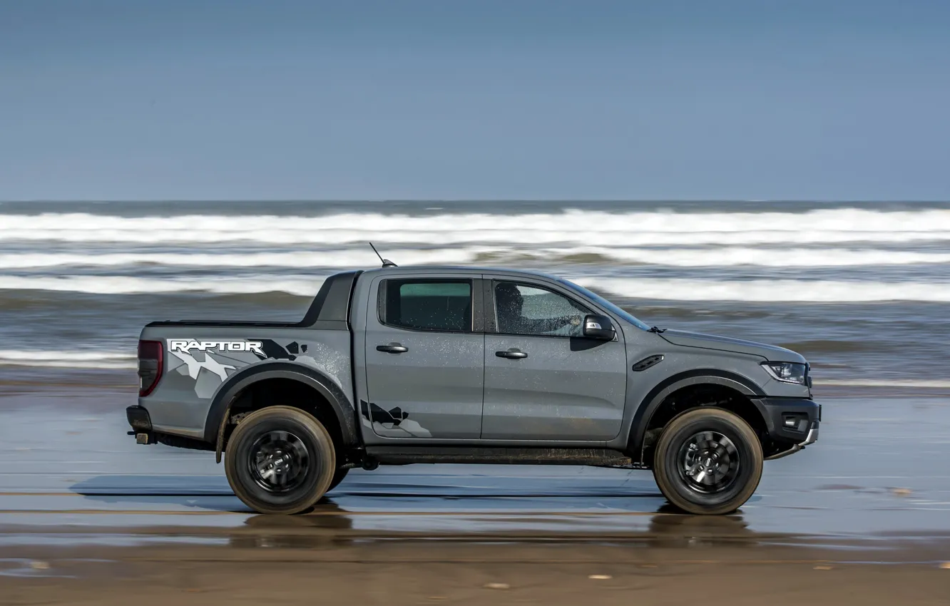 Фото обои волны, серый, берег, Ford, Raptor, пикап, Ranger, 2019