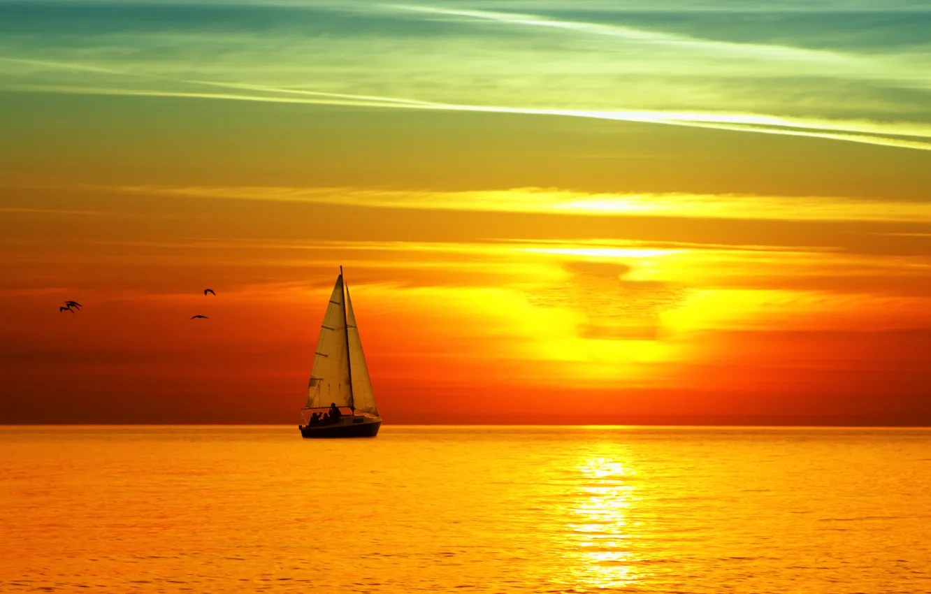 Фото обои море, закат, яхта, парус, ярко