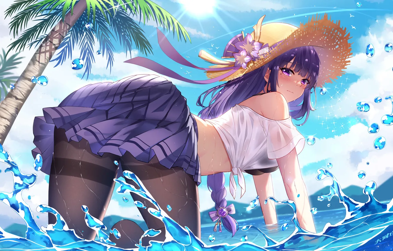 Фото обои море, девушка, пальмы, игра, Genshin Impact, Raiden Shogun