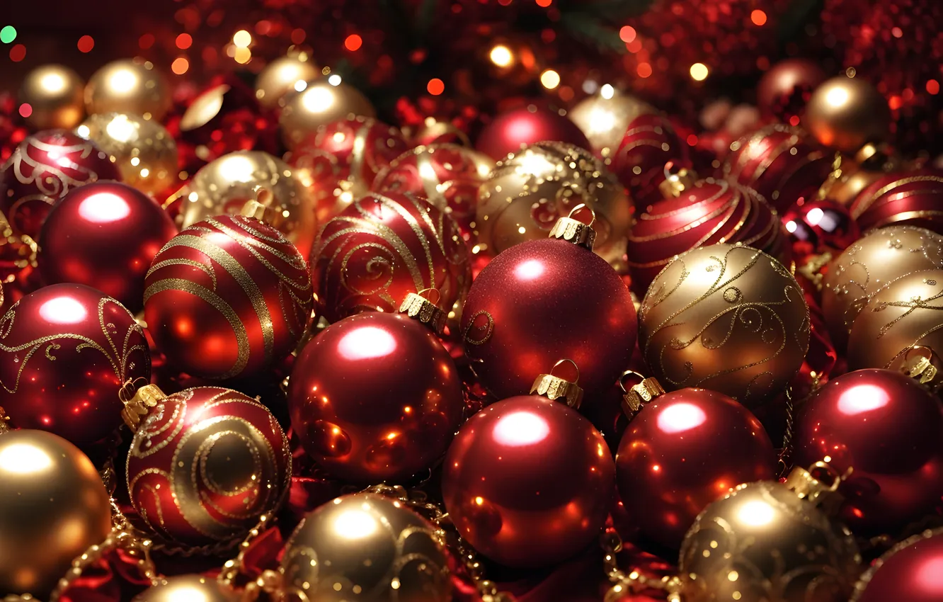 Фото обои шары, Рождество, Новый год, red, golden, new year, Christmas, balls