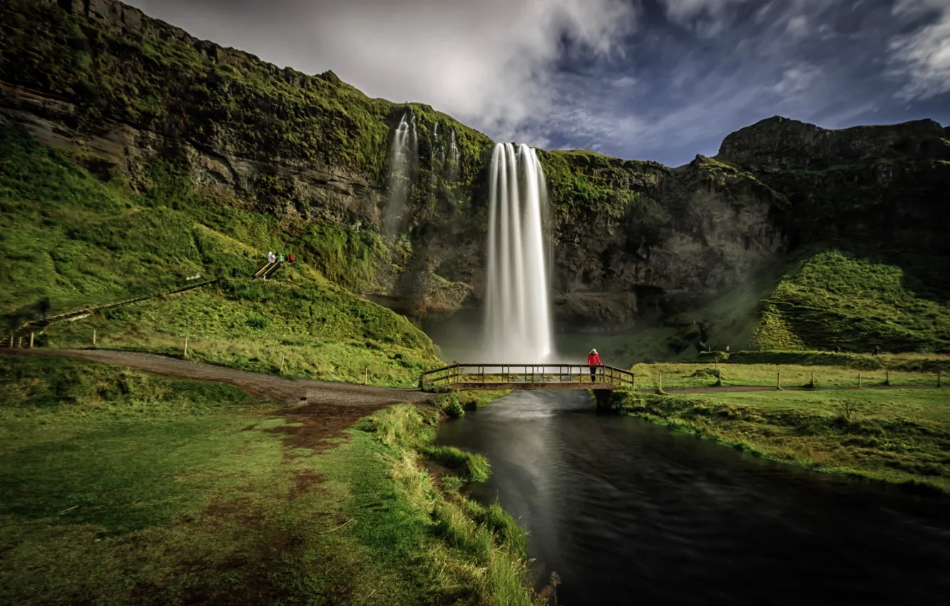 Фото обои мост, река, скалы, водопад, Исландия, Iceland, Seljalandsfoss, Селйяландсфосс