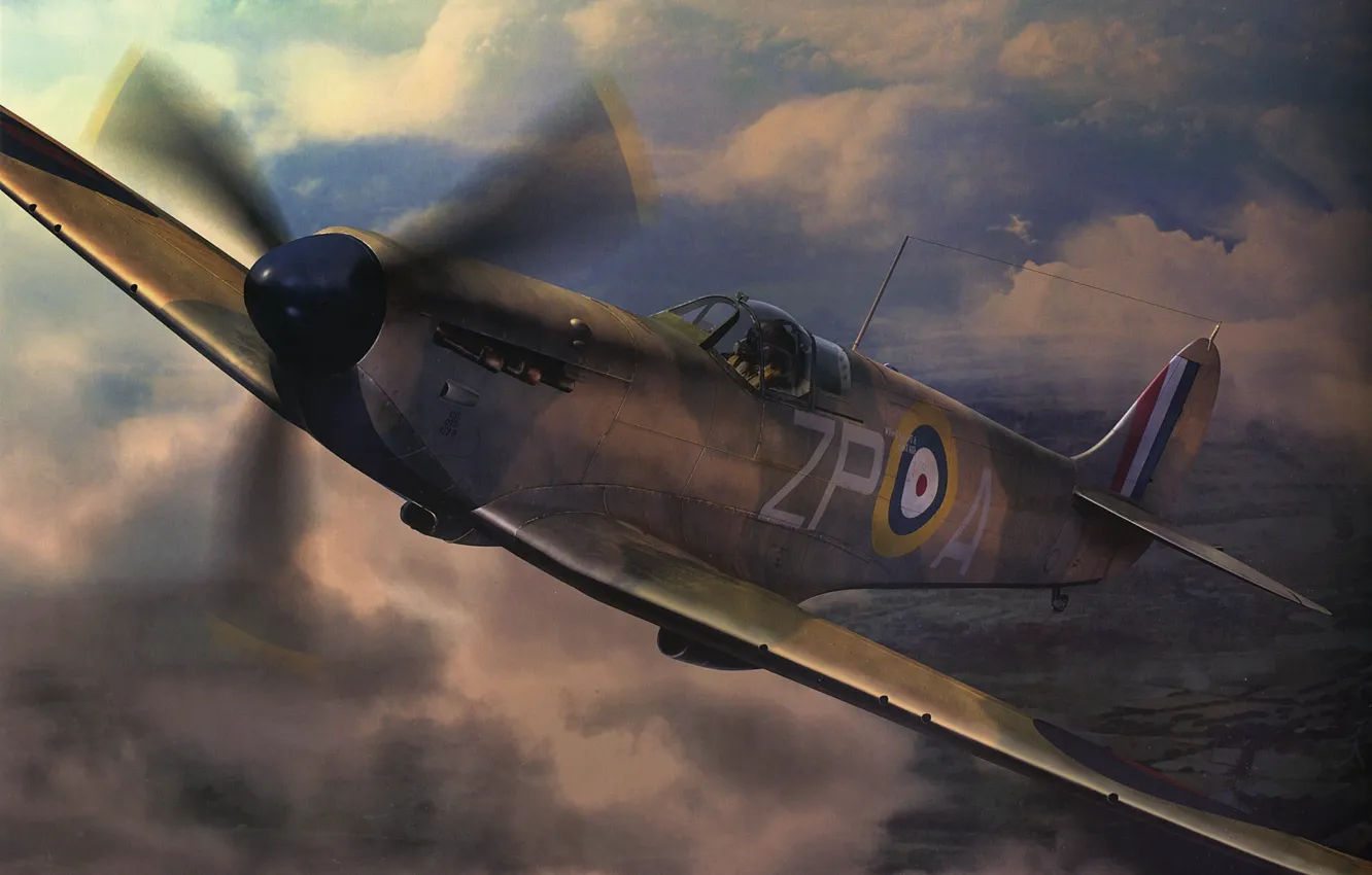 Фото обои небо, облака, война, истребитель, полёт, Арт, британский, Spitfire