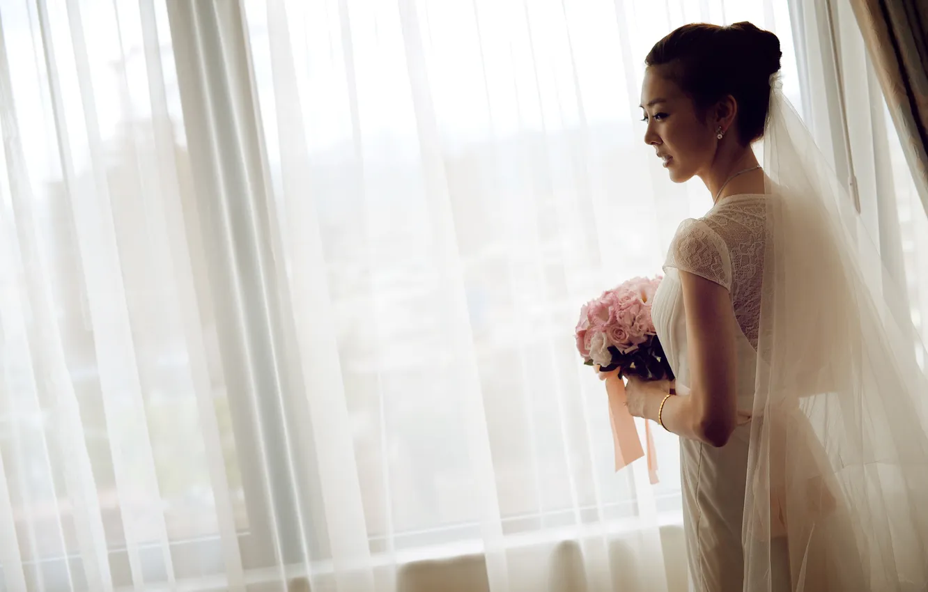 Фото обои девушка, браслет, азиатка, невеста, свадебный букет