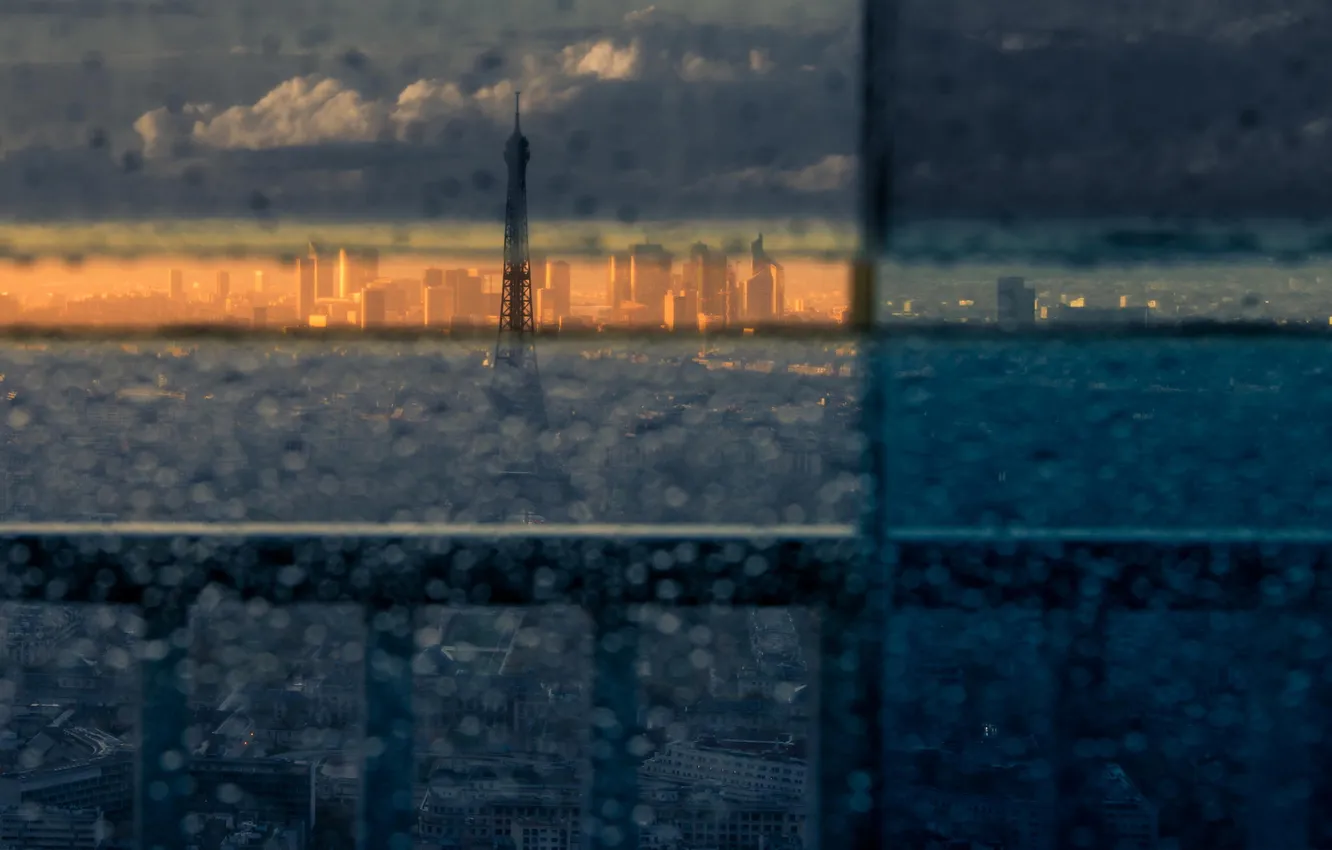 Фото обои город, дождь, эйфелева башня, Париж, вид, окно