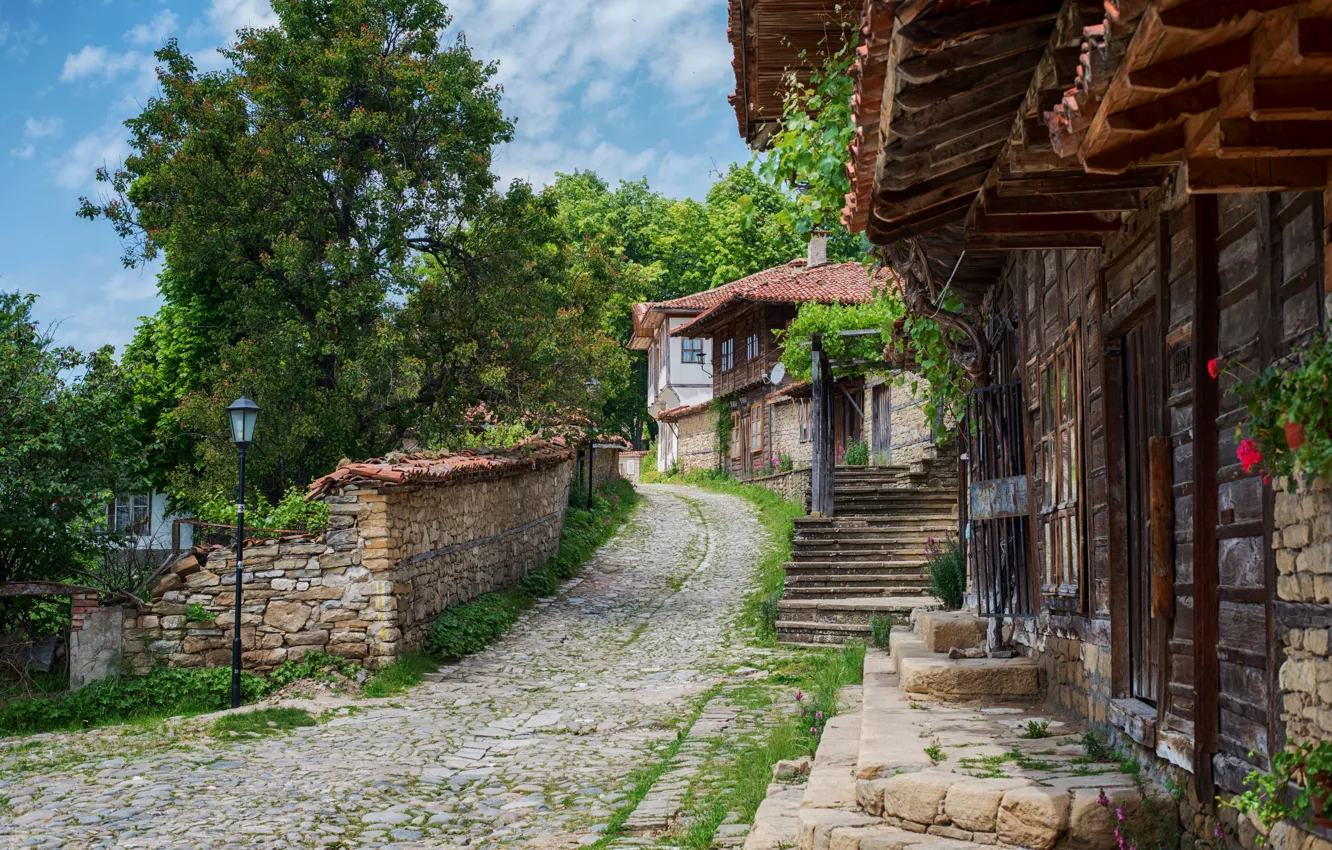 Фото обои деревья, улица, дома, Болгария, Zheravna