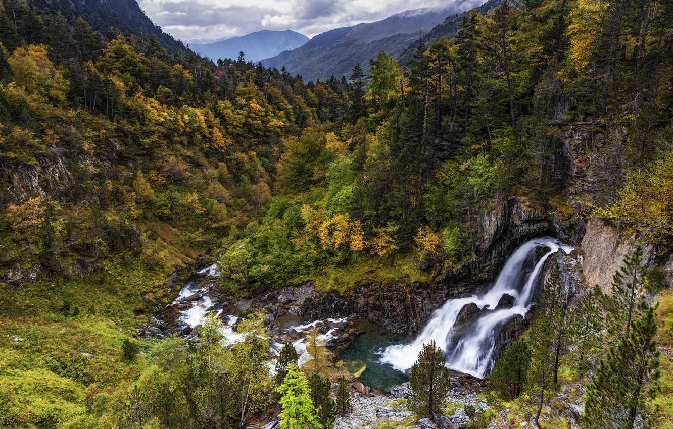 Фото обои осень, лес, горы, водопад, склон