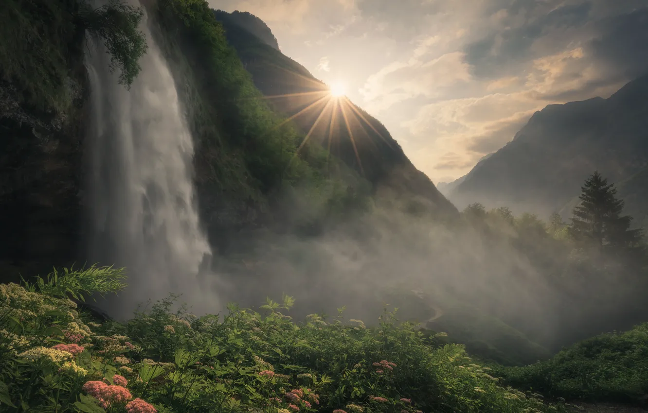 Фото обои солнце, лучи, пейзаж, горы, природа, растительность, водопад