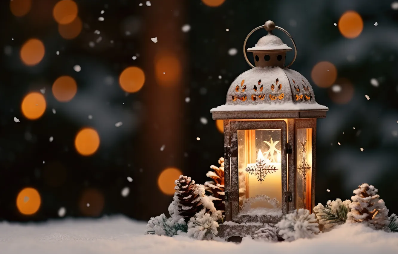 Фото обои зима, снег, ночь, Рождество, фонарь, Новый год, Christmas, night