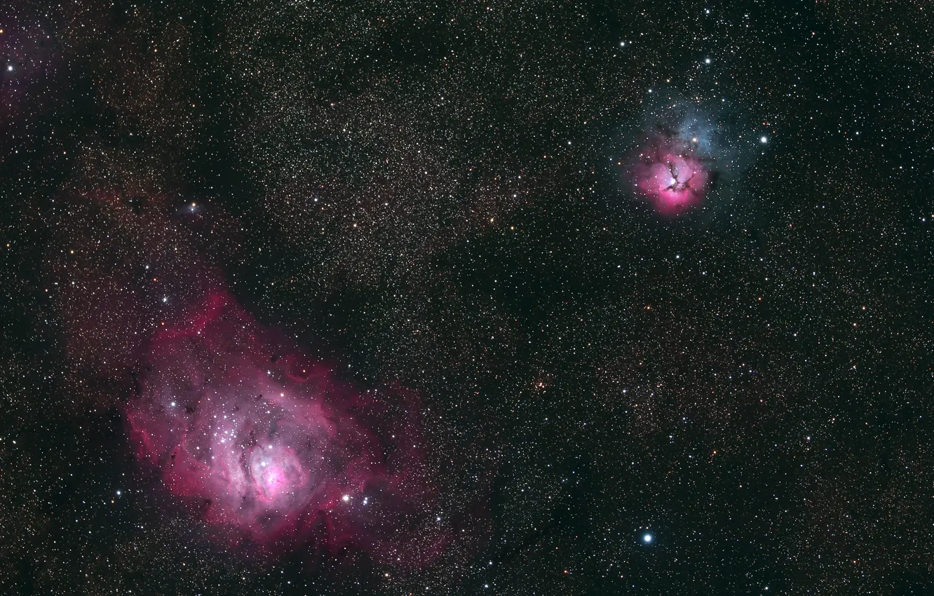 Фото обои свечение, звёзды, Лагуна, Трехраздельная, две очень известных туманности в созвездии Стрельца
