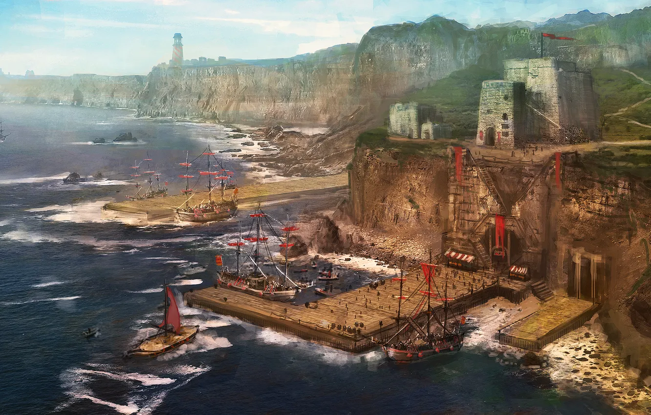 Фото обои море, пейзаж, маяк, парусник, корабли, арт, пирс, крепость