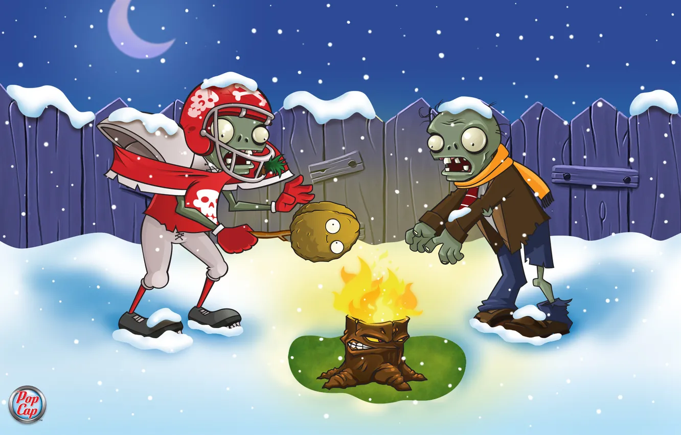 Фото обои зима, костер, зомби, Plants vs Zombies