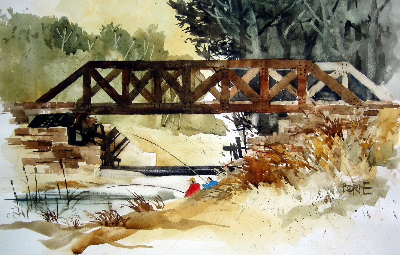 Фото обои мост, река, картина