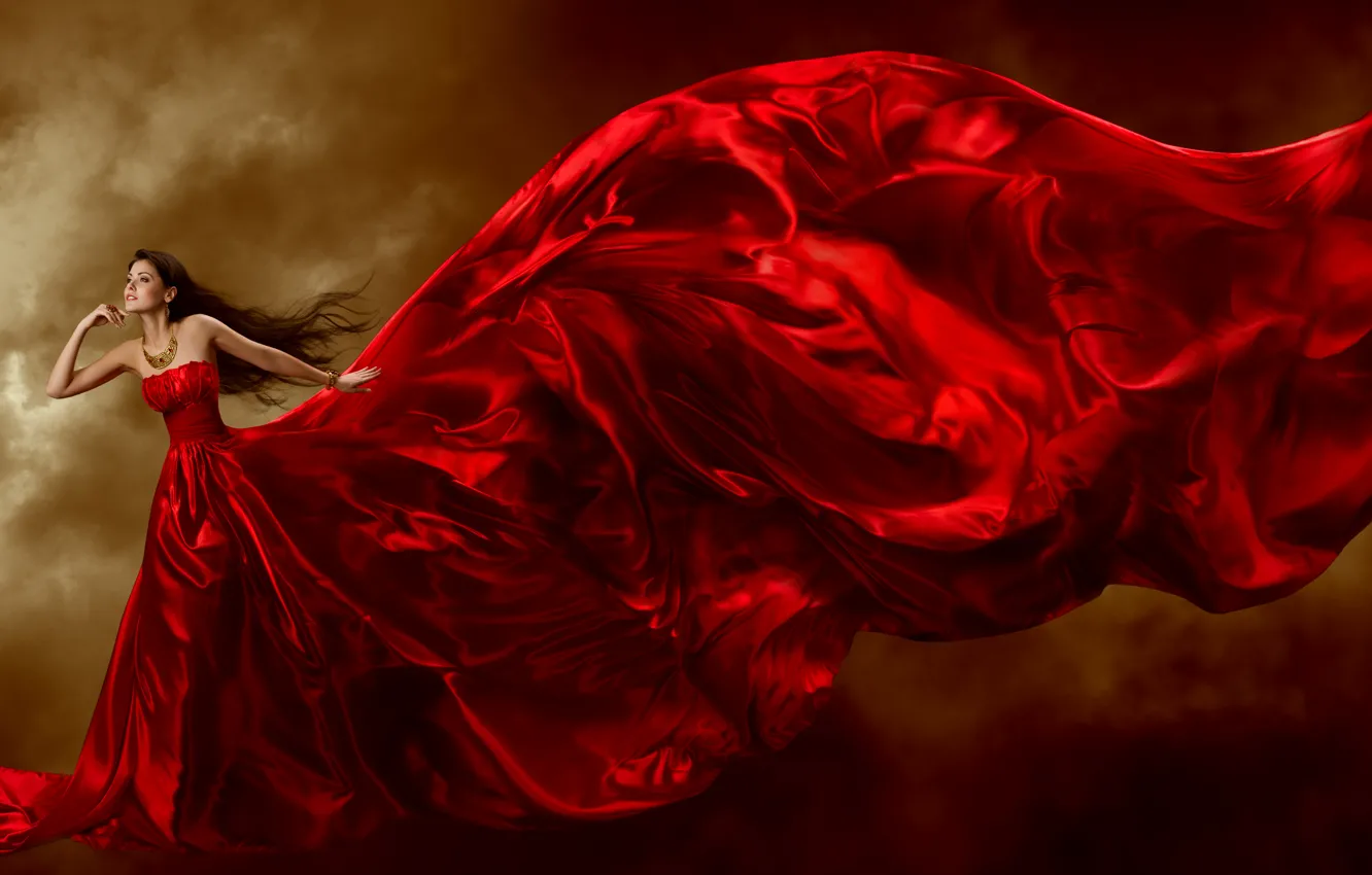 Фото обои взгляд, девушка, украшения, фон, волосы, шлейф, красное платье, кудри