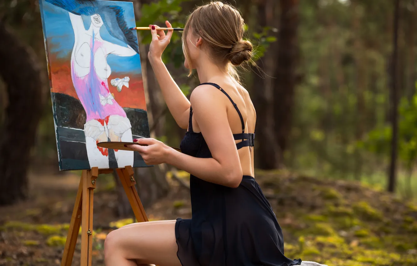 Фото обои girl, nature, beautiful, tree, chair, women, paintig, brush