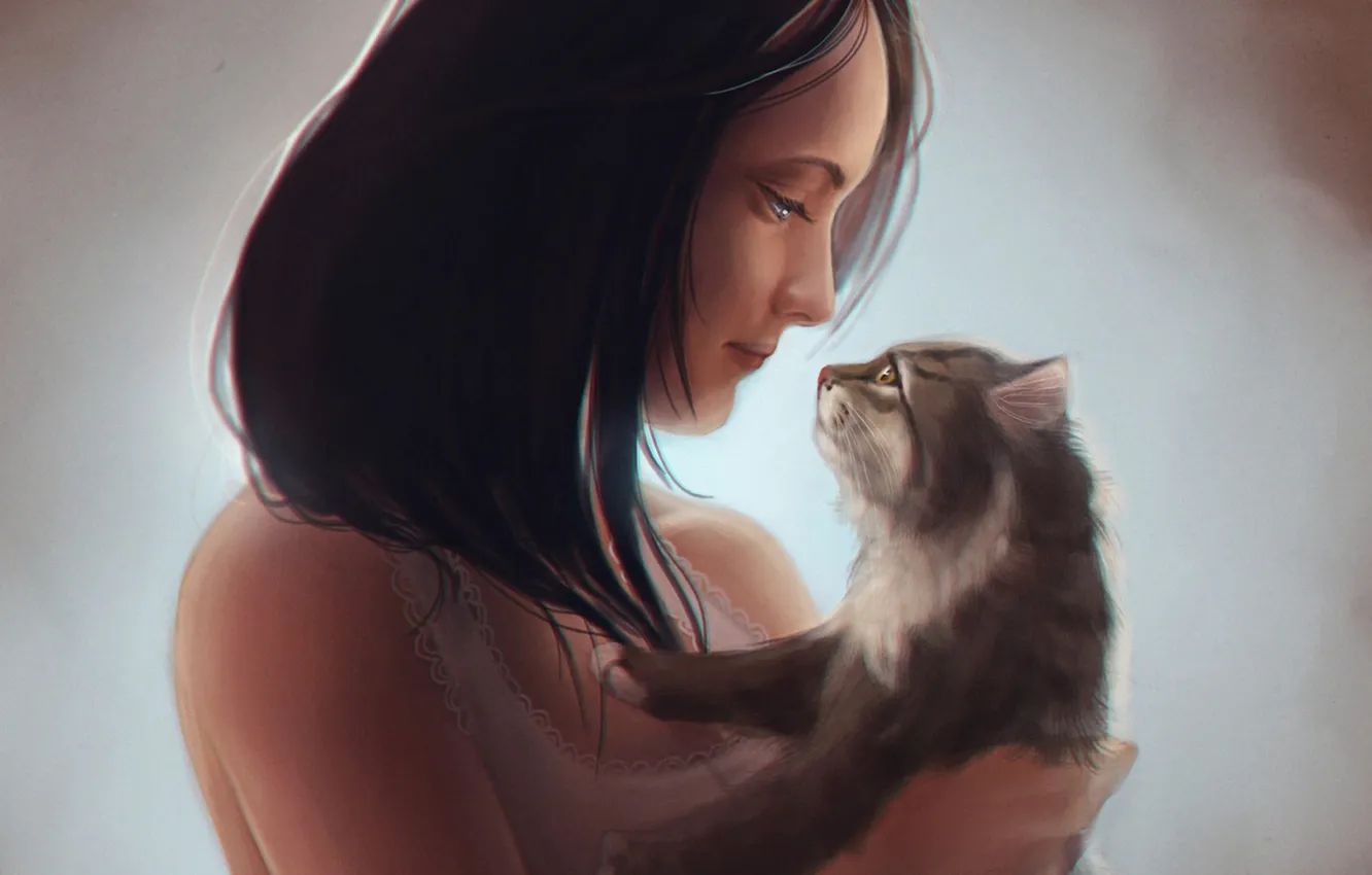 Фото обои кошка, девушка, арт, профиль