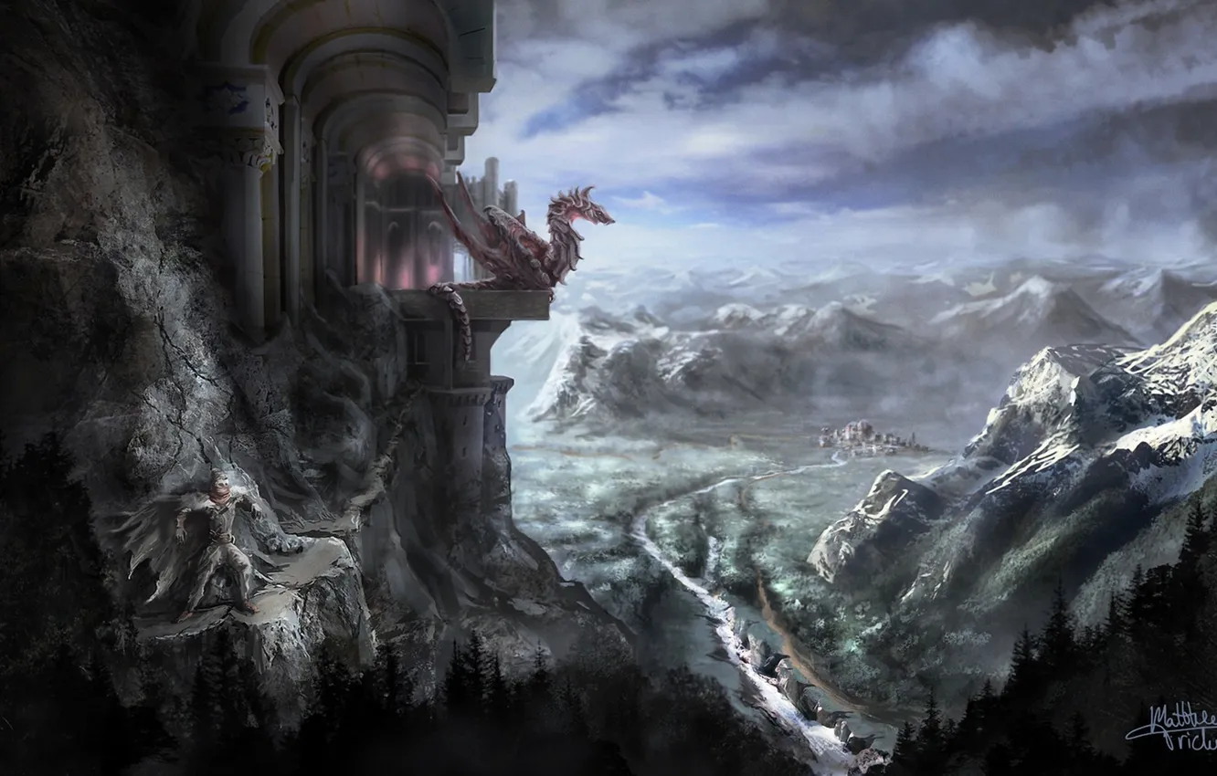 Фото обои горы, город, замок, скалы, дракон, долина, арт, парень