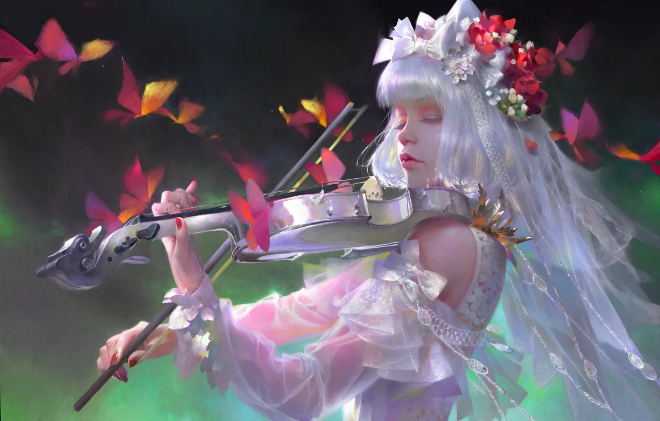 Фото обои девушка, музыка, скрипка, белое платье, кружево