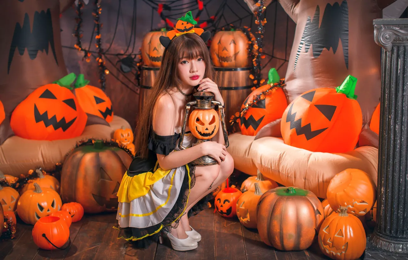 Фото обои девушка, тыквы, Хеллоуин, азиатка, 31 октября
