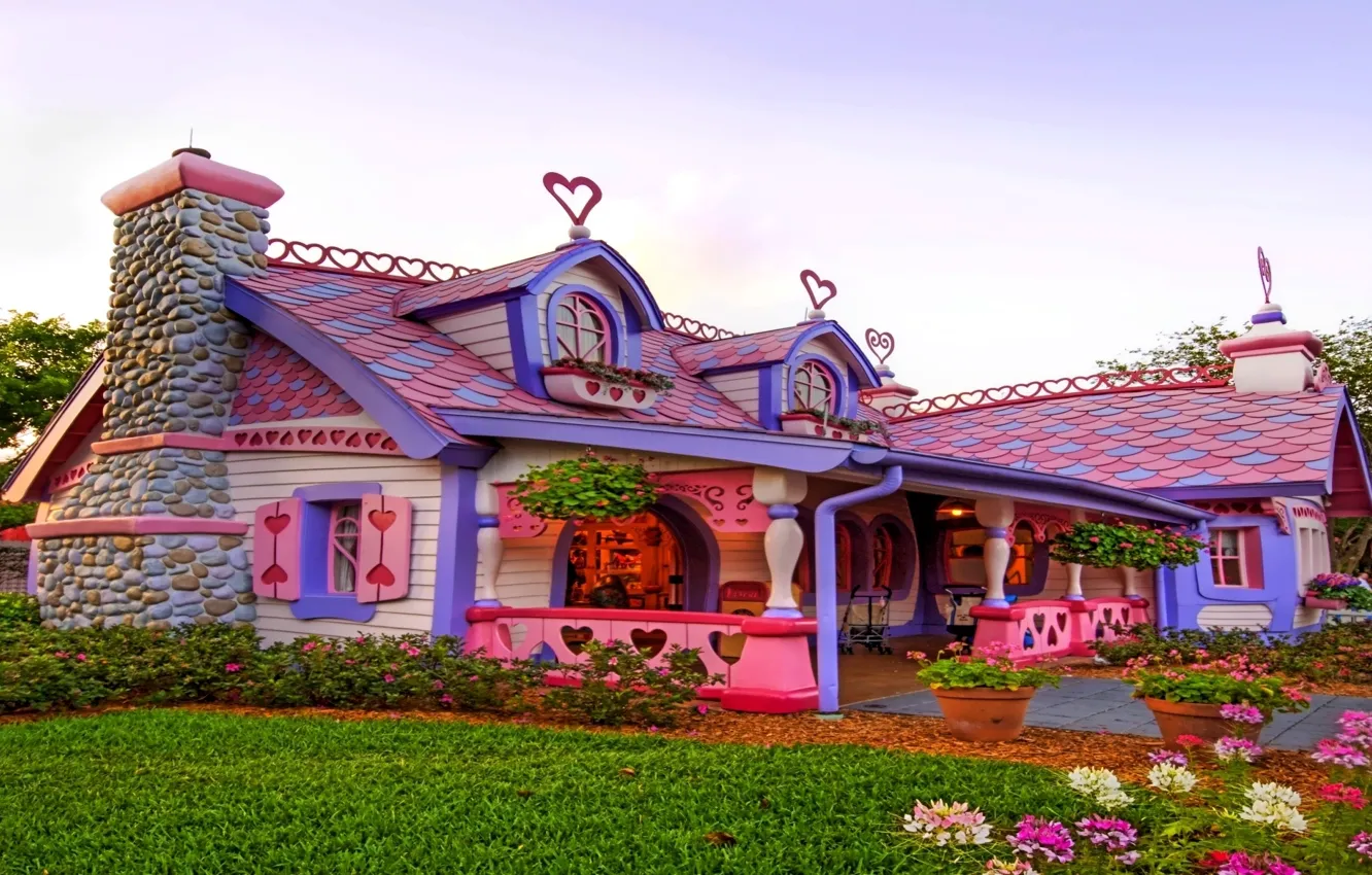 Фото обои цветы, дом, розовый, сердечки, домик, сказочный