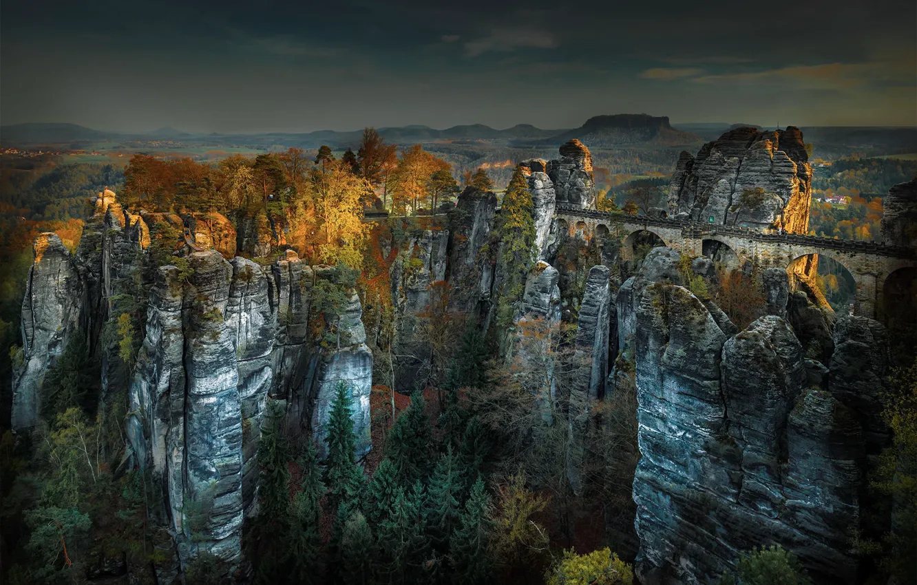 Фото обои осень, горы, мост, природа, панорама