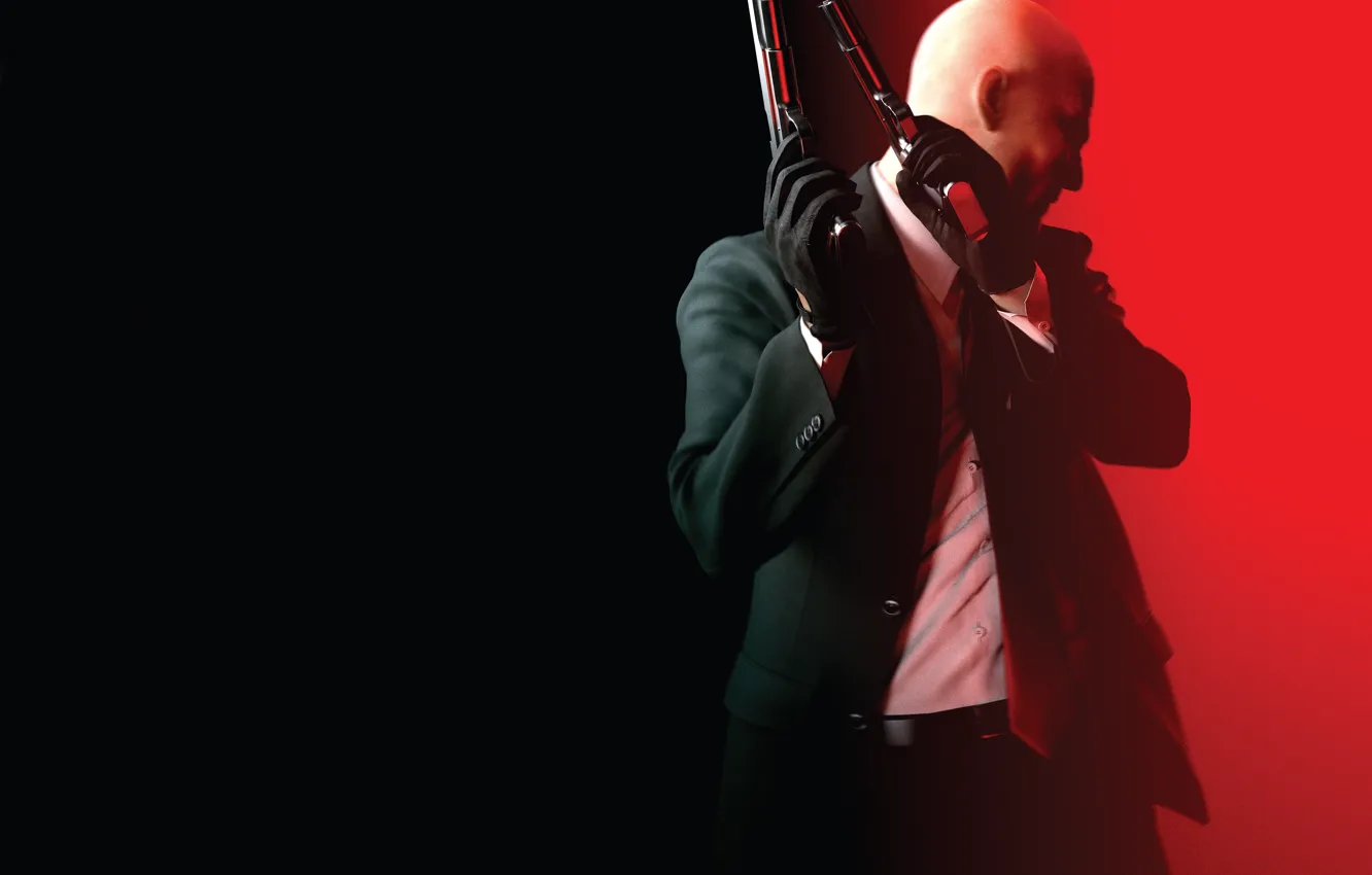 Фото обои красный, оружие, лысый, галстук, перчатки, рубашка, пиджак, Square Enix